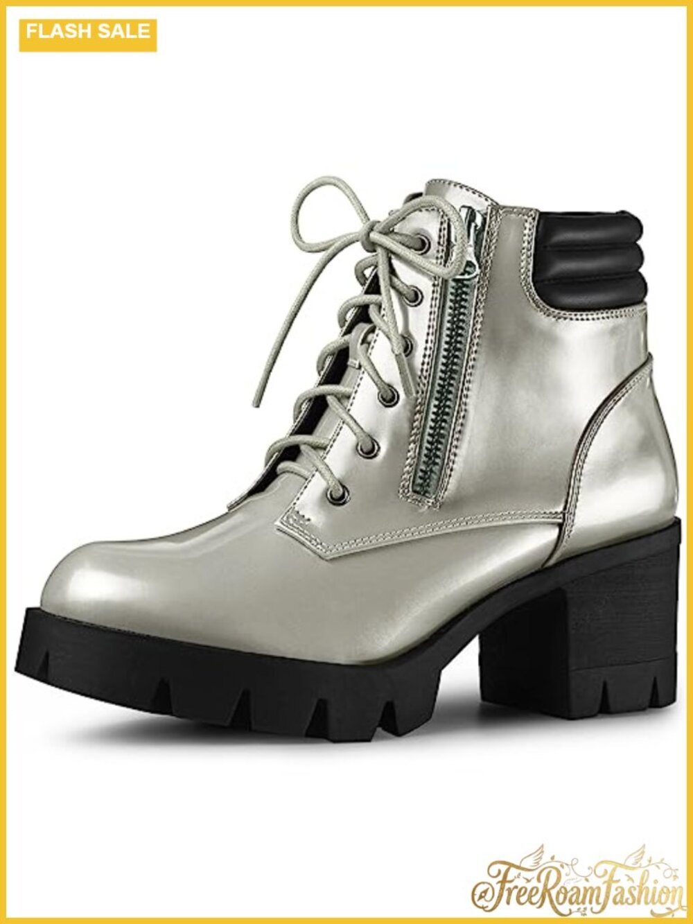 Faux Leather Platform Ankle Boots Lace Up Chunky Heel Combat Boots Women
